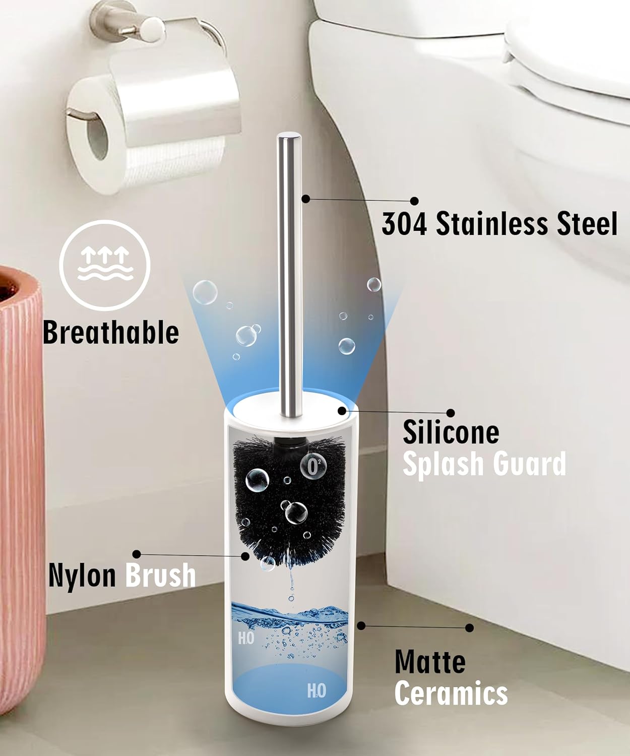 Dluxe Ave. Viosuniu Matt White Ceramic Toilet Brush and Holder Set Durable Bristles Non Scratch Toilet Long Stainless Steel Handle Freestanding Toilet Bowl Cleaners Brush Scrubber Brush for Toilet