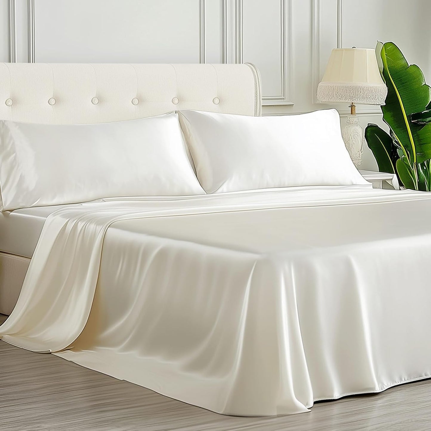 Dluxe Ave. ( QUEEN ) 4 Pcs Bamboo Soft Cooling Bedding Sheet Set, 16" Deep Pocket, Luxury Hotel Collection, Milky White