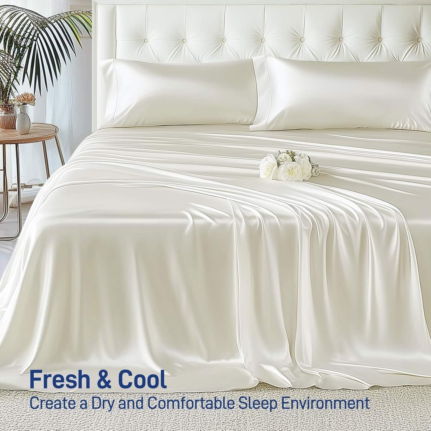 Dluxe Ave. ( QUEEN ) 4 Pcs Bamboo Soft Cooling Bedding Sheet Set, 16" Deep Pocket, Luxury Hotel Collection, Milky White