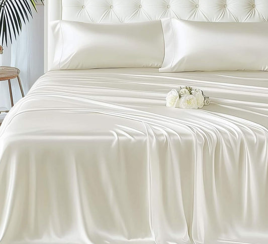 Dluxe Ave. ( QUEEN ) 4 Pcs Bamboo Soft Cooling Bedding Sheet Set, 16" Deep Pocket, Luxury Hotel Collection, Milky White