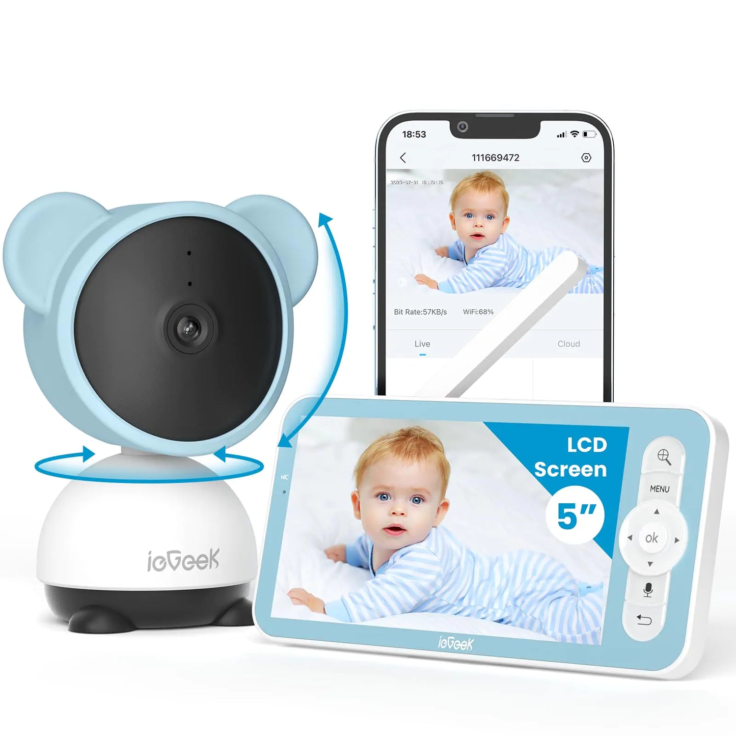 Dluxe Ave. ieGeek 5 Baby Monitor WiFi Smartphone 1080P Baby Camera Via Screen and App Control Night Vision Sound& Motion Detection 2-Way Talk 360° PTZ LCD Monitor Control