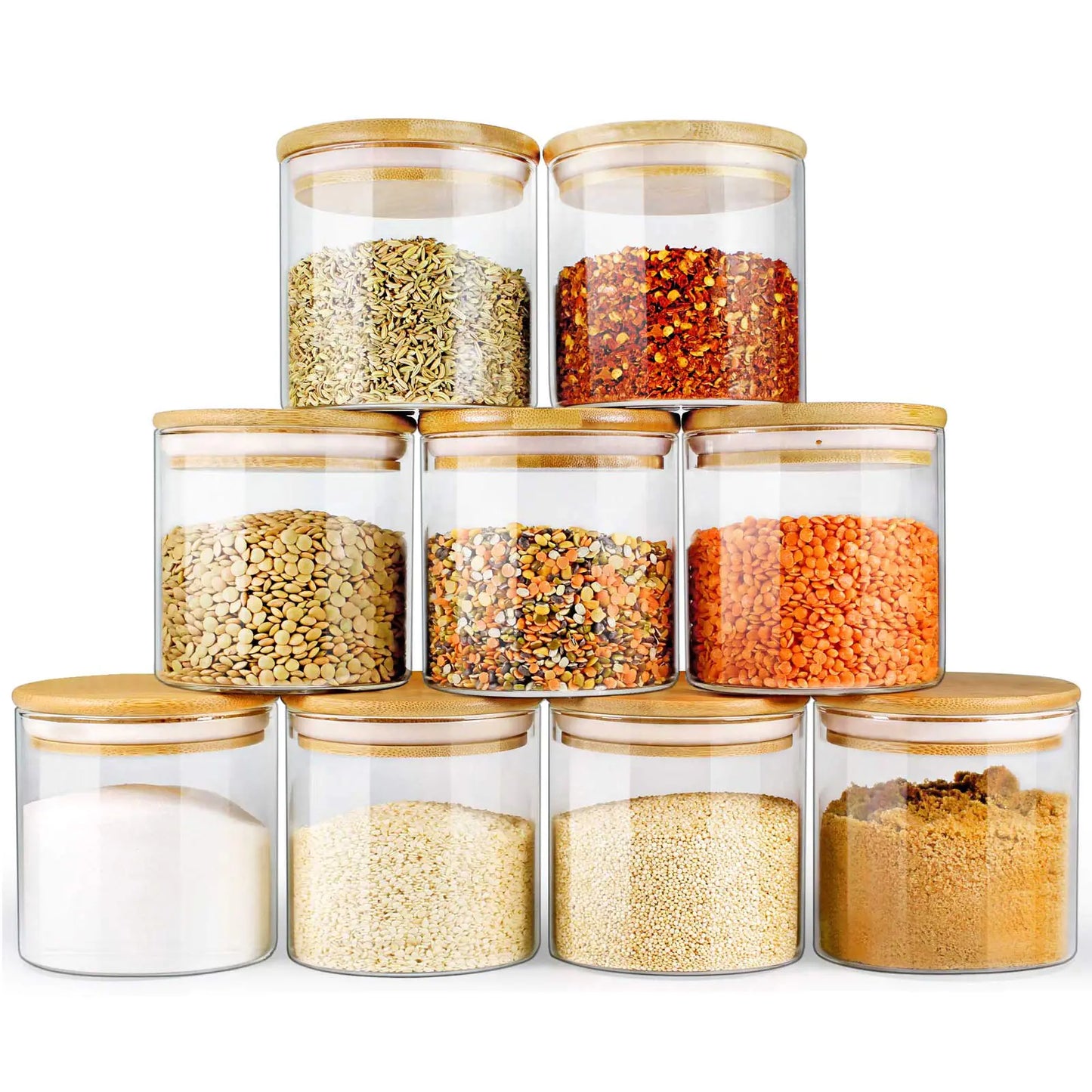 Dluxe Ave. EcoEvo Glass Jars with Bamboo Lids (16oz in 9 Pack) Glass Food Jars and Canisters Sets Glass Food Storage Jars with Airtight Lids Glass Canisters with lids Glass Pantry Jars