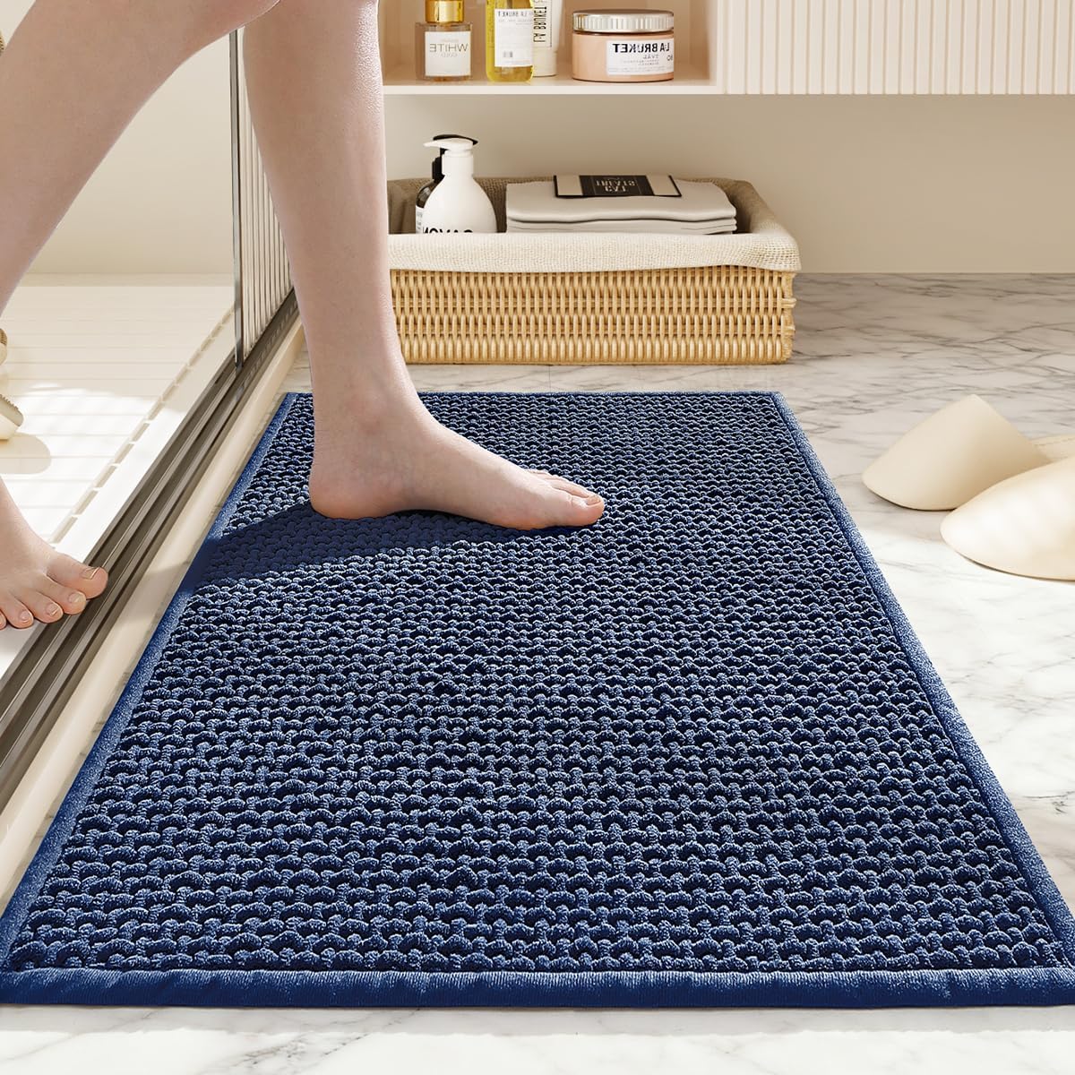Dluxe Ave. WARM HAVEN Washable Bathroom Rugs: 47x20 Navy Runner Bath Mat – Non Slip Chenille Bathmat for Bathroom Floor & Shower