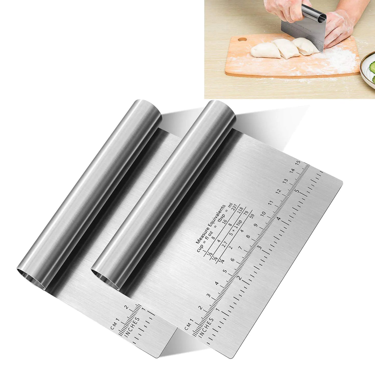 Dluxe Ave. Pro Dough Pastry Scraper/Cutter/Chopper Stainless Steel Mirror Polished with Measuring Scale  Knife 2PCS