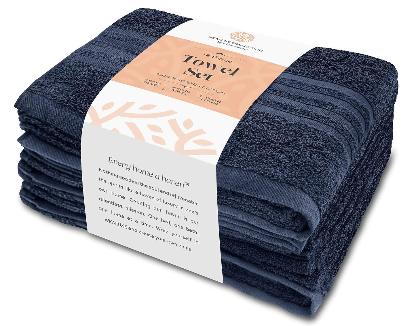 Dluxe Ave. 12 Pcs Bath Towel Set for Bathroom Wealuxe Collection 100% Cotton Soft Navy Blue