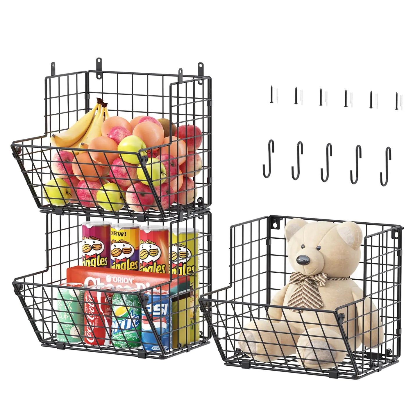 Dluxe Ave. 3 Tier Wall Storage Basket Organizer with 5 S Hooks/(S (10.83" L x 10.63" W x 30" H))