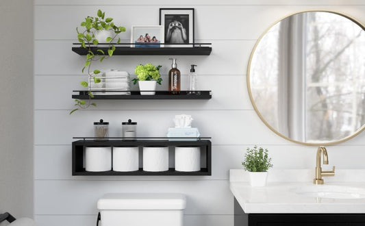 Dluxe Ave. Floating Shelves for Wall with Metal Rail / Black