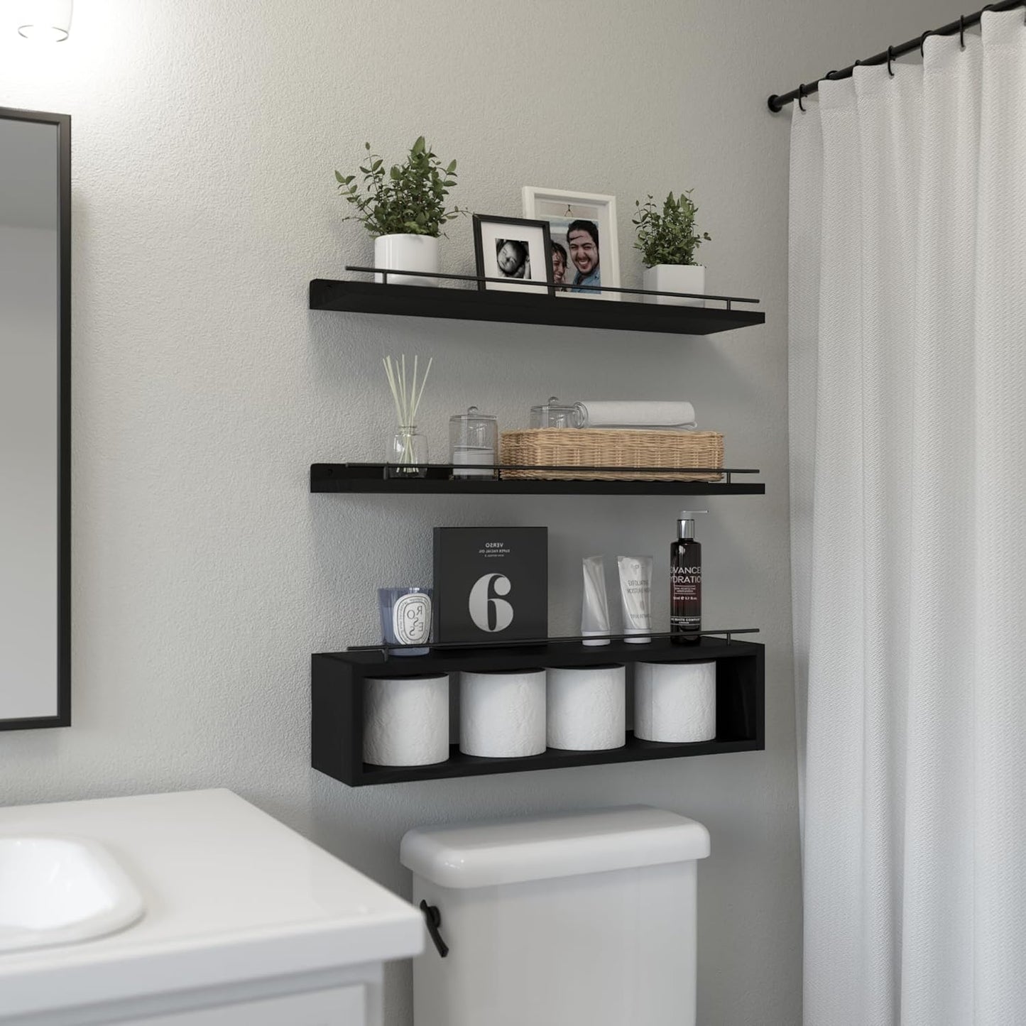 Dluxe Ave. WOPITUES Floating Shelves for Wall 24 inch with Cube Shelf Wall Shelves with Metal Rail for Bathroom Decor Bathroom Organizers and Storage Over Toilet Shelves for Bathroom Toilet Paper-Black