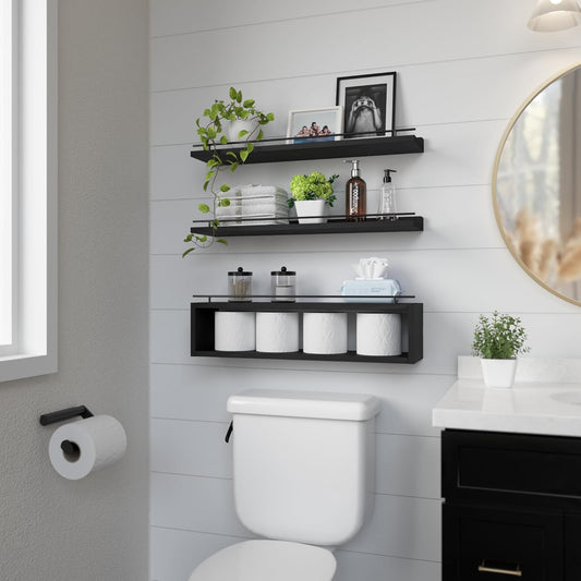 Dluxe Ave. Floating Shelves for Wall with Metal Rail / Black