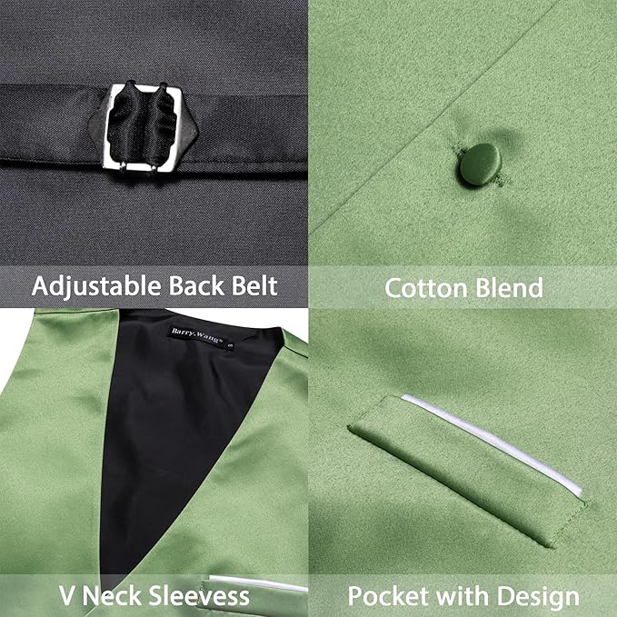 Dluxe Ave. (3X-LARGE) Mens Suit Vest/ V-Neck Silk Waistcoat/White Edges Slim Fit/ Sage Green