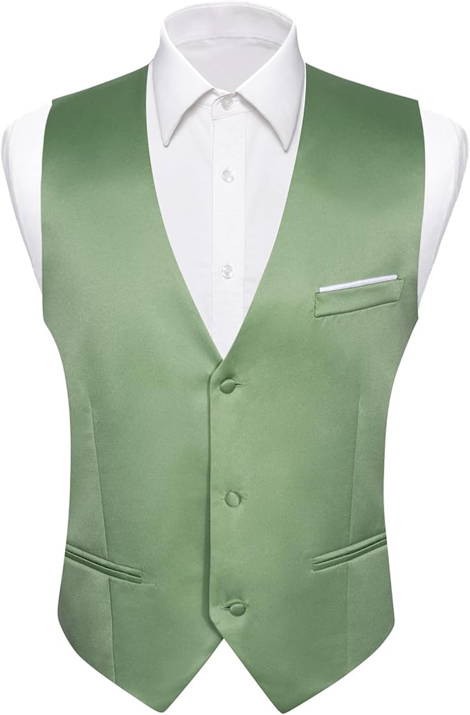 Dluxe Ave. (3X-LARGE) Mens Suit Vest/ V-Neck Silk Waistcoat/White Edges Slim Fit/ Sage Green