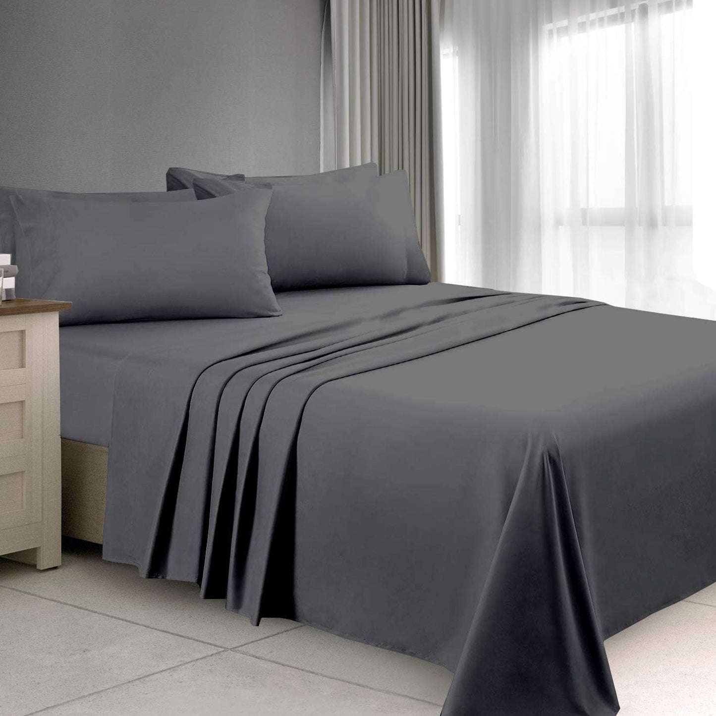 Dluxe Ave. ( CALI./ KING )  Waterbed Sheets - 1800 Series 4 Piece Bed Set Set, Hotel Luxury - 100% Microfiber - 12 Inch Deep Pocket,  (Dark Grey)