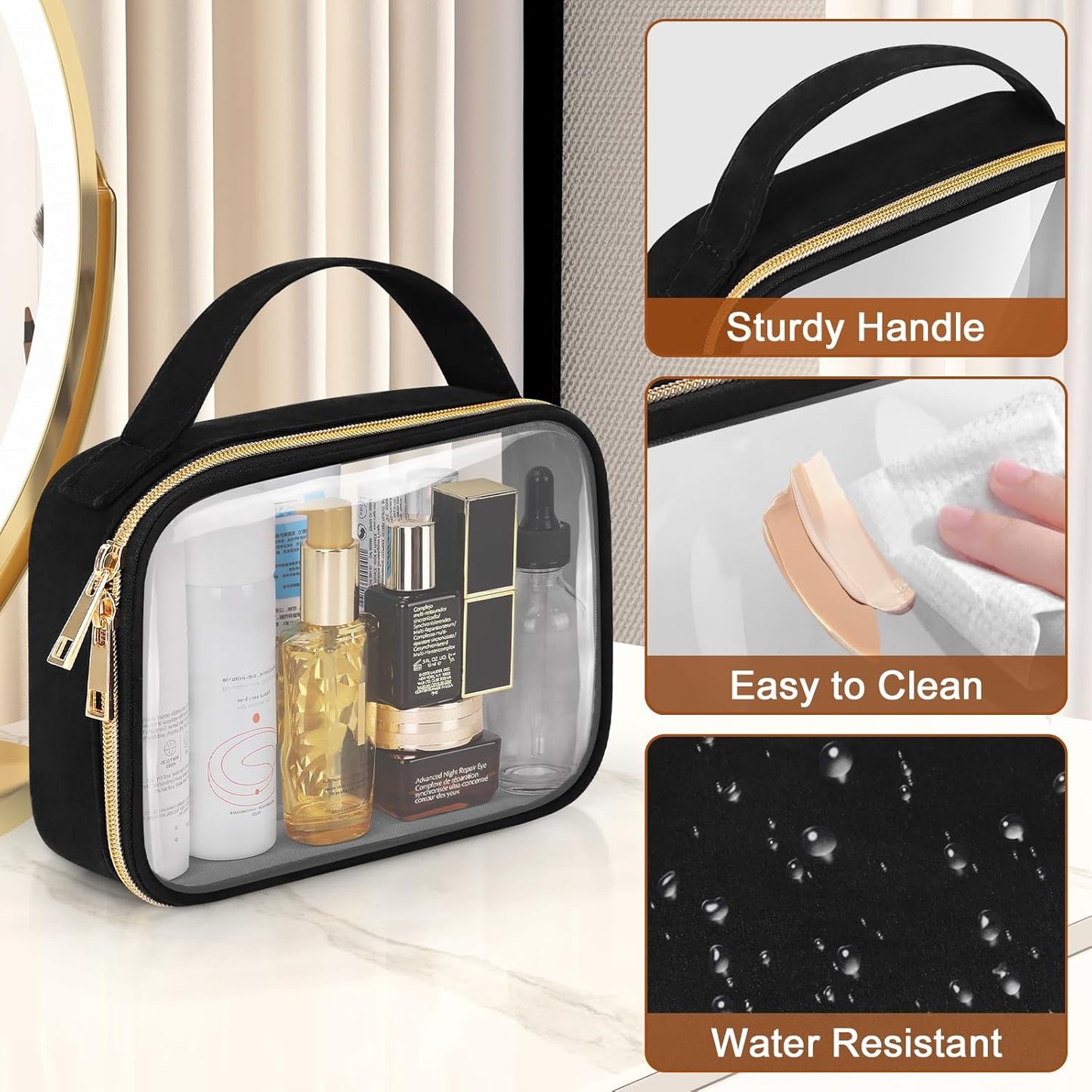 Dluxe Ave. Makeup Bags with Handles, Large Openings, Bags with Double Zipper (Black)