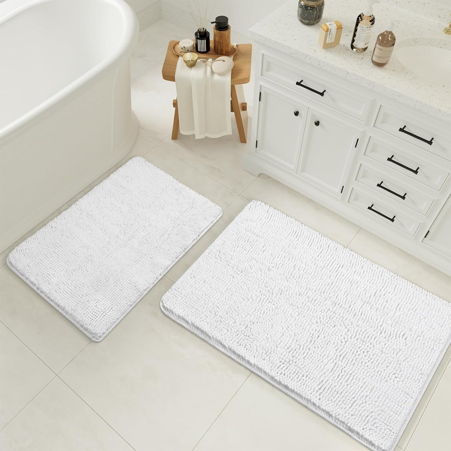 Dluxe Ave. White Bathroom Rugs and Mats Set 2 Piece Chenille Bath Mat Set Machine Wash Dry Non Slip Absorbent Shaggy Bath Rug for Bath Room Shower and Tub (20" x 32"+16" x 24") Bathroom Rug Set Accessories
