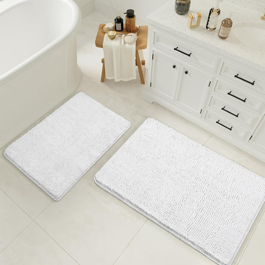 Dluxe Ave. White Bathroom Rugs and Mats Set 2 Piece Chenille Bath Mat Set Machine Wash Dry Non Slip Absorbent Shaggy Bath Rug for Bath Room Shower and Tub (20" x 32"+16" x 24") Bathroom Rug Set Accessories