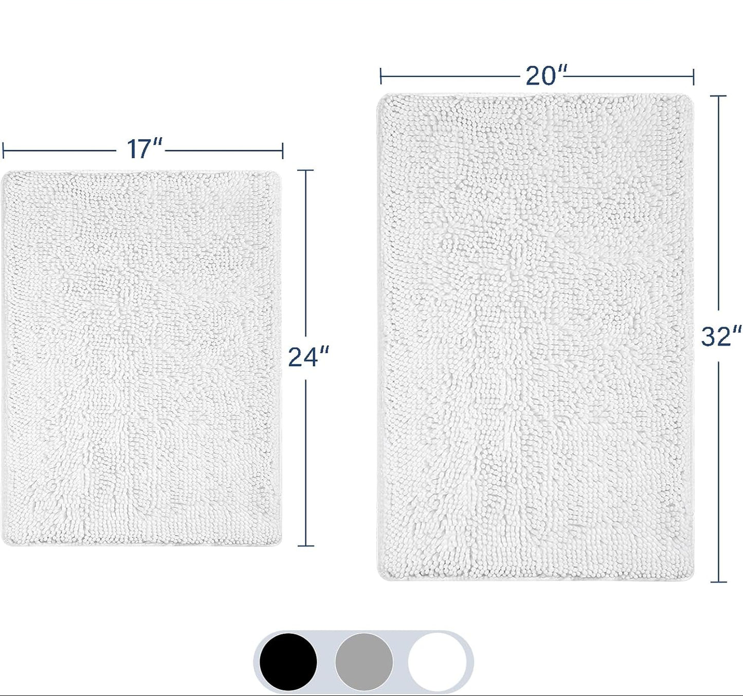 Dluxe Ave. White Bathroom Rugs and Mats Set 2 Piece Chenille Bath Mat Set Machine Wash Dry Non Slip Absorbent Shaggy Bath Rug for Bath Room Shower and Tub (20" x 32"+16" x 24") Bathroom Rug Set Accessories