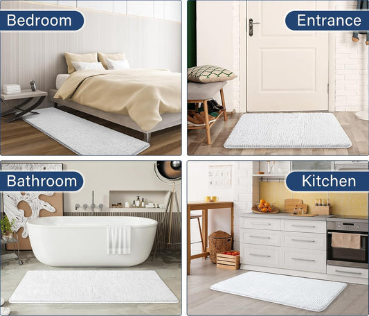 Dluxe Ave. White Bathroom Rugs and Mats Set 2 Piece Chenille Bath Mat Set Machine Wash Dry Non Slip Absorbent Shaggy Bath Rug for Bath Room Shower and Tub (20" x 32"+16" x 24") Bathroom Rug Set Accessories