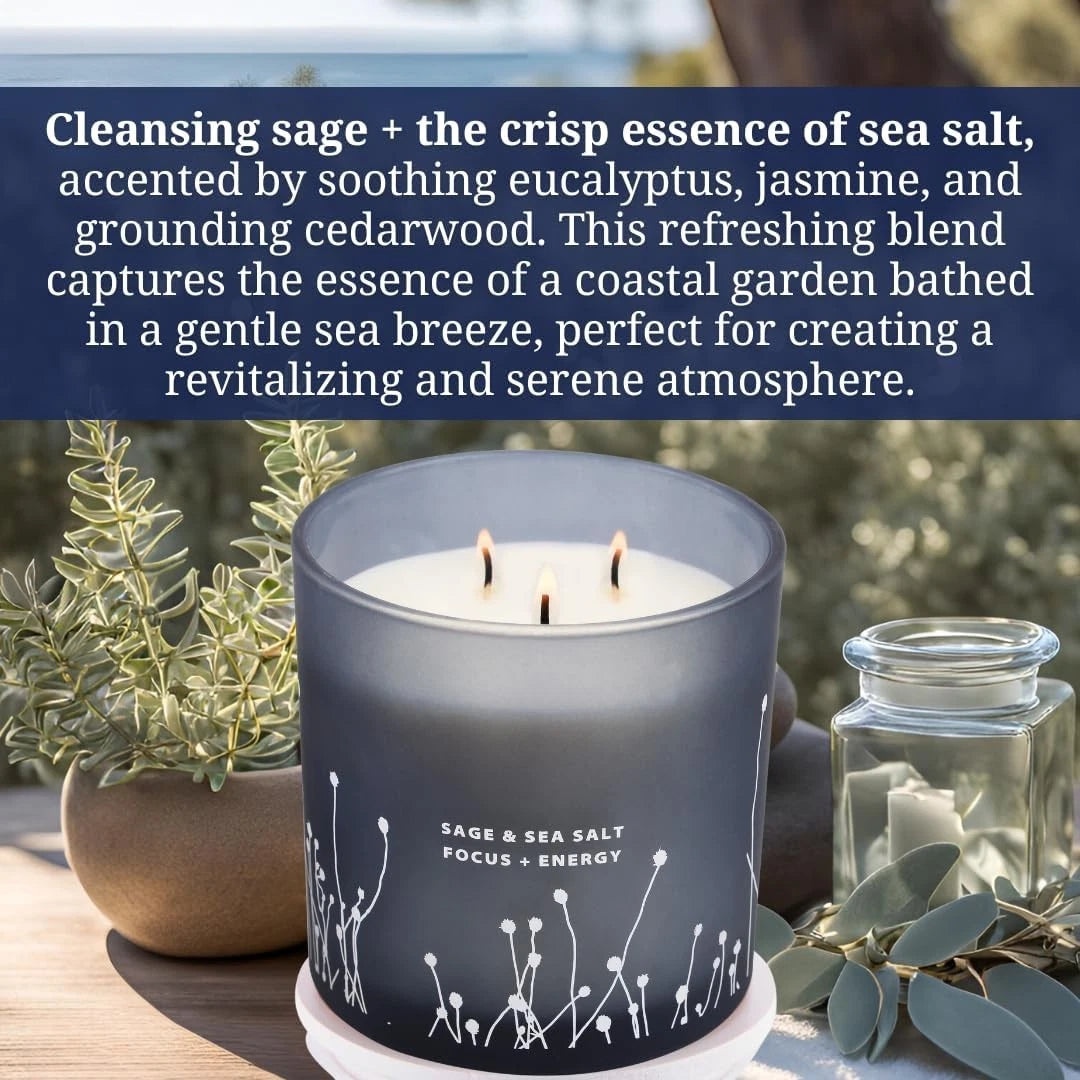 Dluxe Ave. White Sage Sea Salt, 3 Wick Candle Large 14.5 oz, Natural Soy Candle for Home for Women & Men