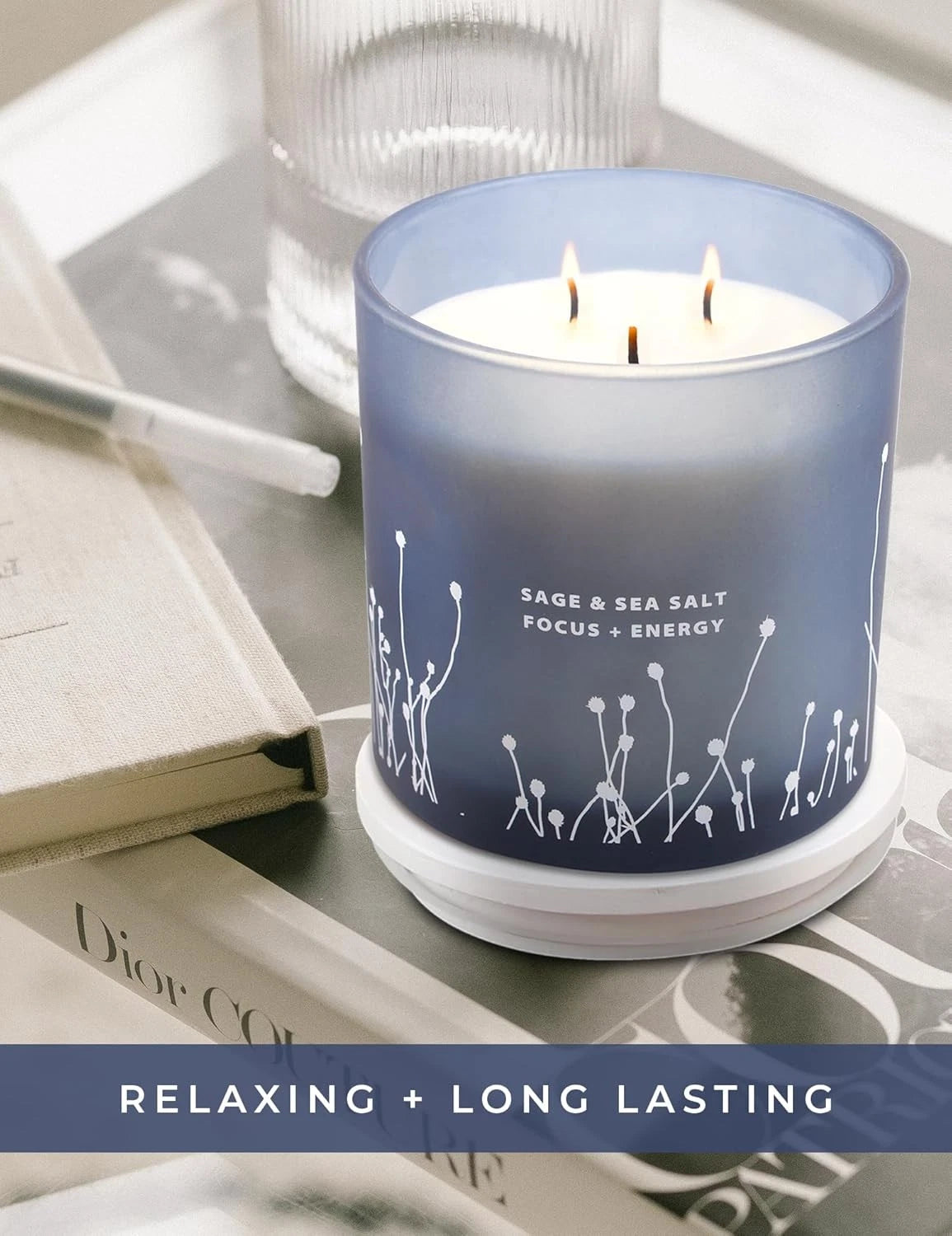 Dluxe Ave. White Sage Sea Salt, 3 Wick Candle Large 14.5 oz, Natural Soy Candle for Home for Women & Men