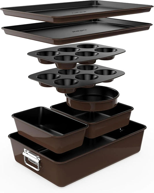 Dluxe Ave. 8-Piece Nonstick Stackable Bakeware Set  w/Non-Stick Coating 450°F Oven Safe(Brown)