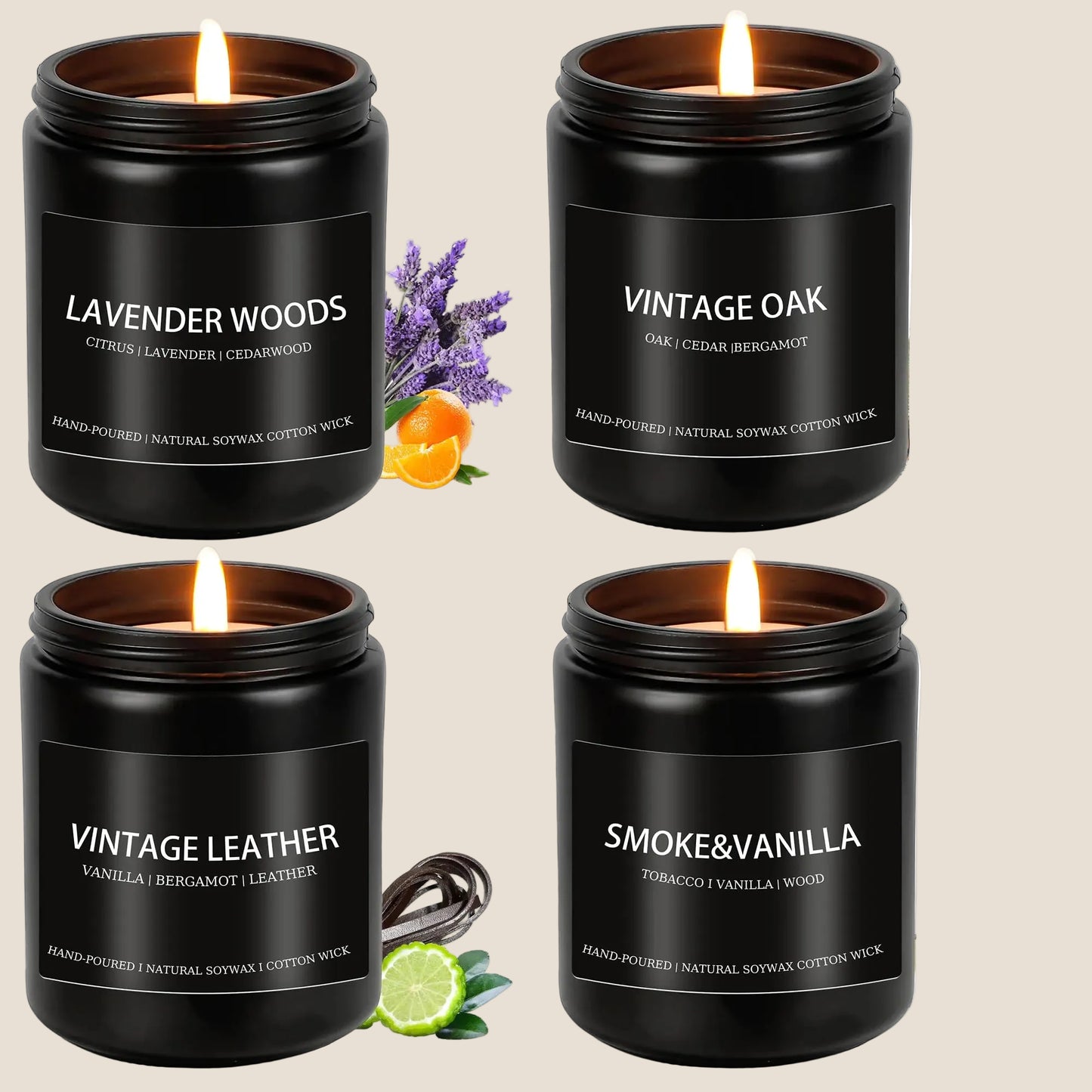 Dluxe Ave. Scented Candles for Men, Soy Candle Set for Home, 4 Pack, Lavender/ Oak Leather/ Smoke/ Vanilla