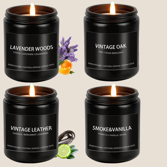 Dluxe Ave. Scented Candles for Men, Soy Candle Set for Home, 4 Pack, Lavender/ Oak Leather/ Smoke/ Vanilla