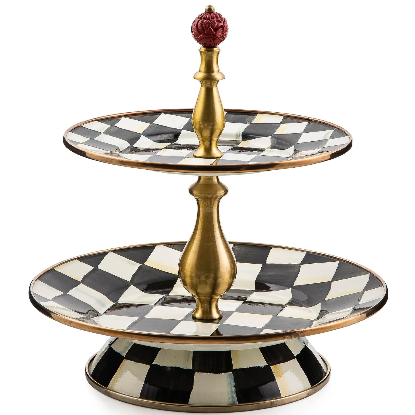 Dluxe Ave.  Enamel Two-Tier Serving Tray for Dessert / Black-and-White Courtly Check