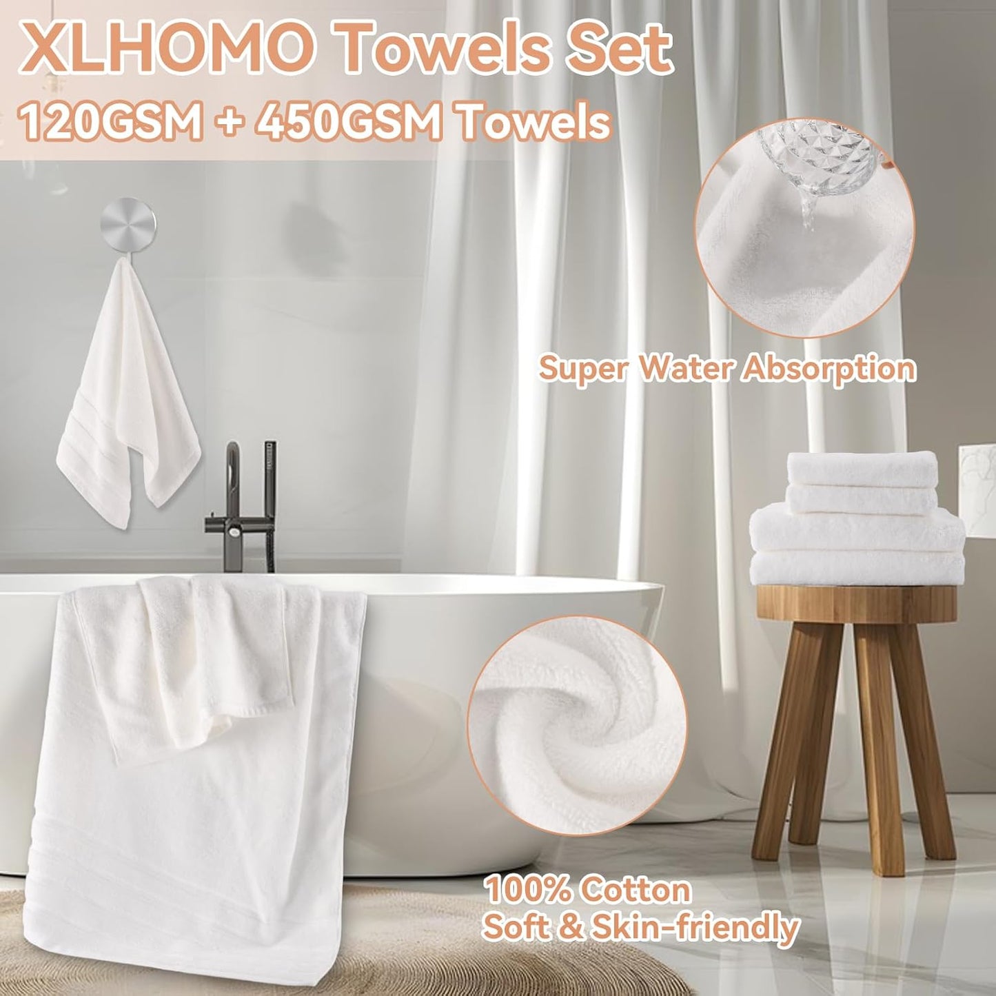 Dluxe Ave. XLHOMO White Bathroom Set with Shower Curtain Beige Ombre Waterproof Shower Curtain with Stainless Steel Hooks