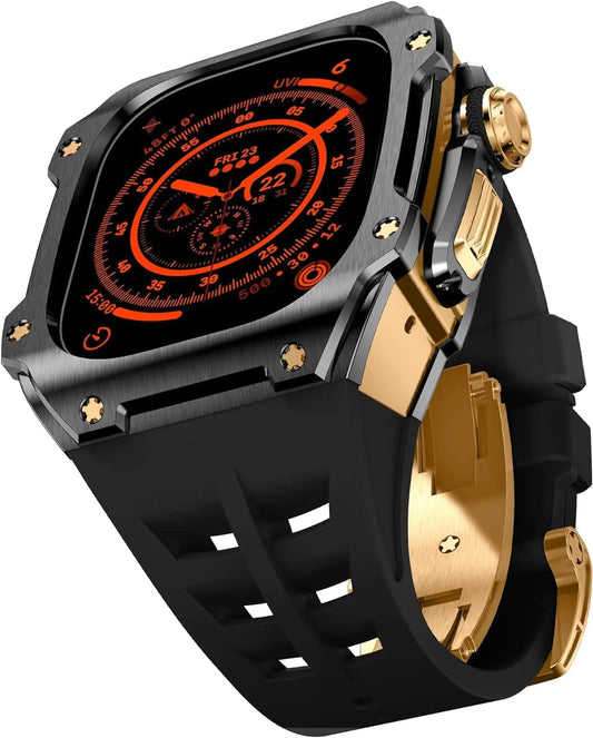 Dluxe Ave. ILAZI Stainless Steel Watch Case Fluorine Rubber Band，For Apple Watch Series Ultra 2 49mm Replacement Accessories，Rm Style Metal Bezel Watch Case Strap Modification Kits (Color : B Size : For ultra