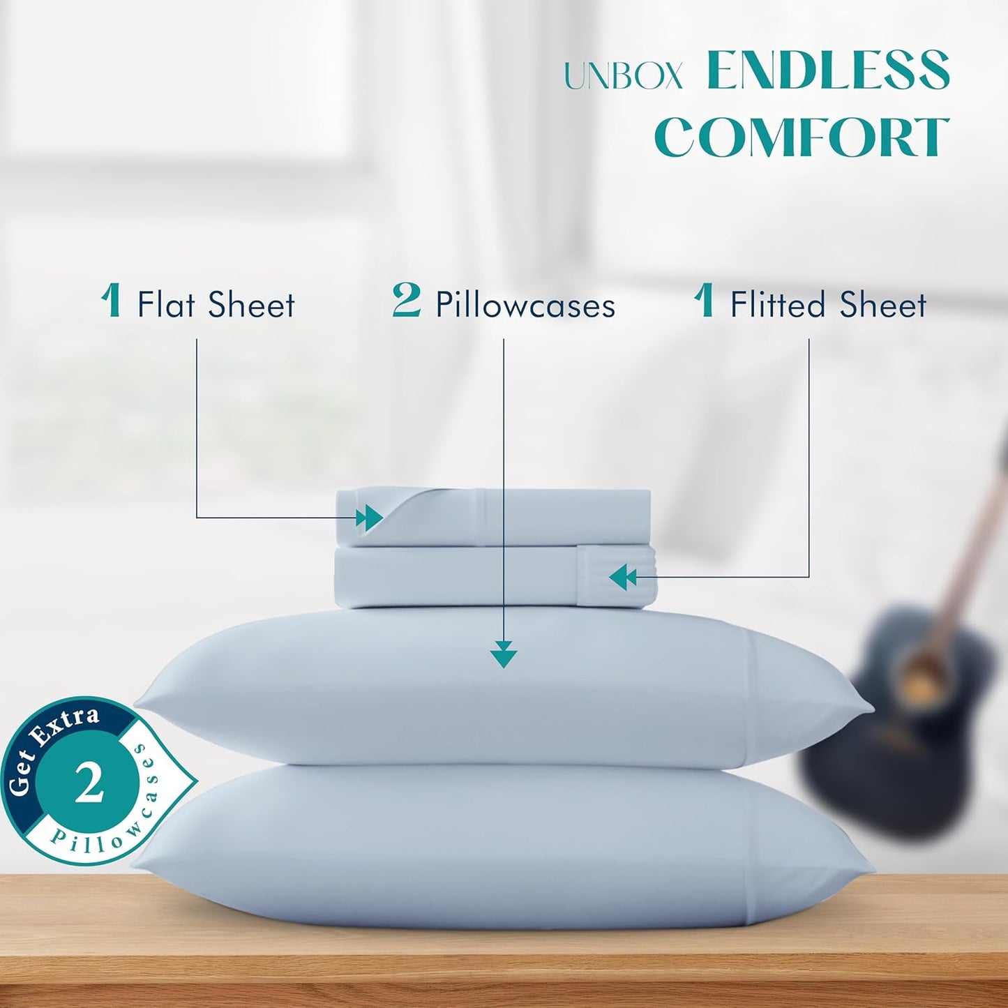 Dluxe Ave. ( KING ) 4 Pcs Egyptian Cotton Sheet Set/ 1200 Thread Count/ Fits Up to 19"/ Light Blue