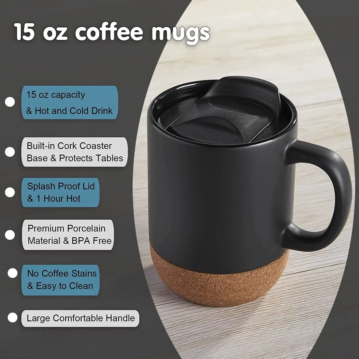Dluxe Ave. 15oz Insulated Ceramic Cup Cork Bottom Large Lid Coffee Mug - Black