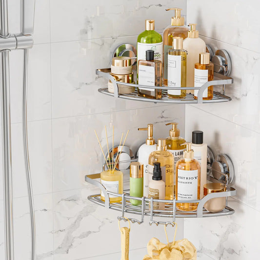Dluxe Ave. Suction Cup Shower Corner Caddy/2 Pack Drill-Free, Heavy Duty Shower Shelf with Hooks/ Silver
