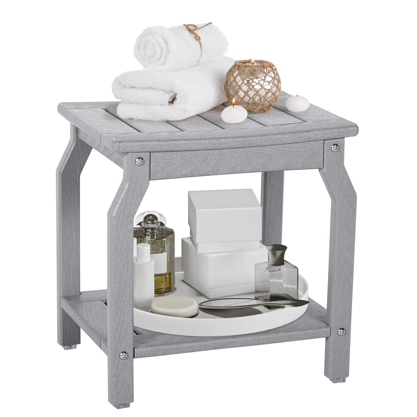 Dluxe Ave. LOENIY 2-Tier HDPE Shower Bench with Non-Slip Foot Pads Wood-Like Spa Shower Stool Adults (Grey)