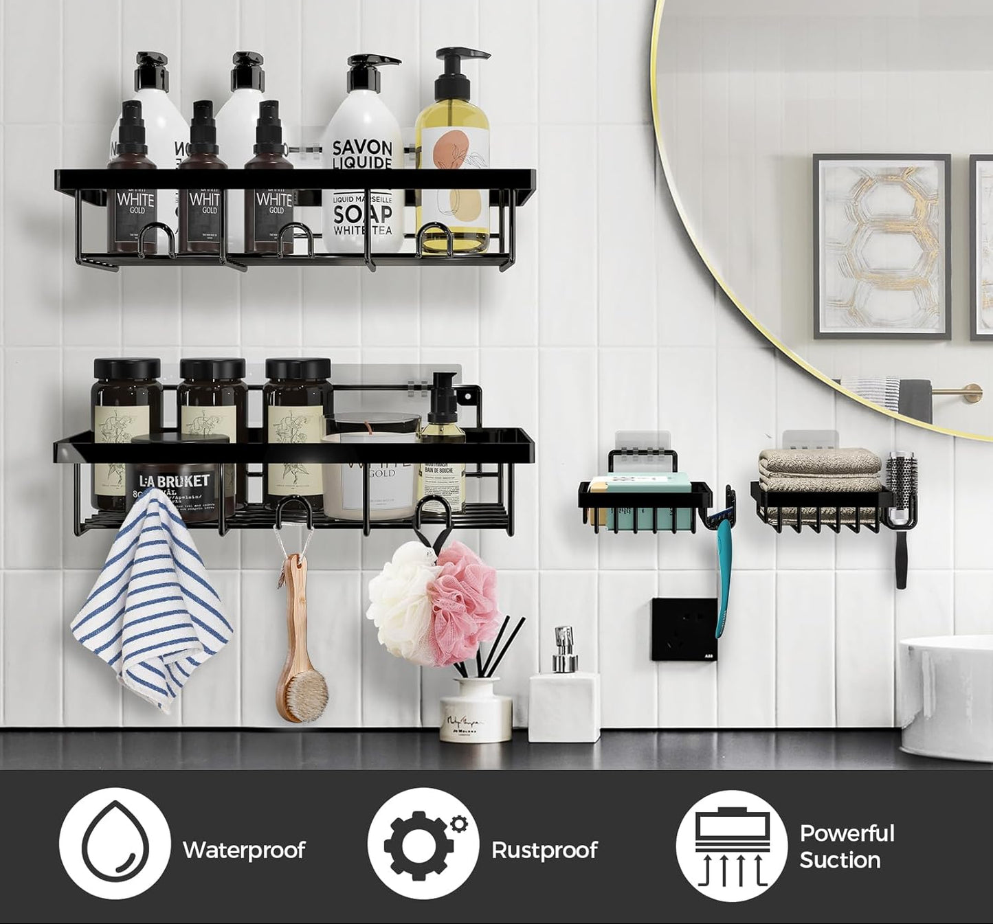Dluxe Ave. YAWSOUP Shower Organizer Wall Mounted Shelves 4 Pack Adhesive Bathroom  Large Capacity Bathroom Shelf
