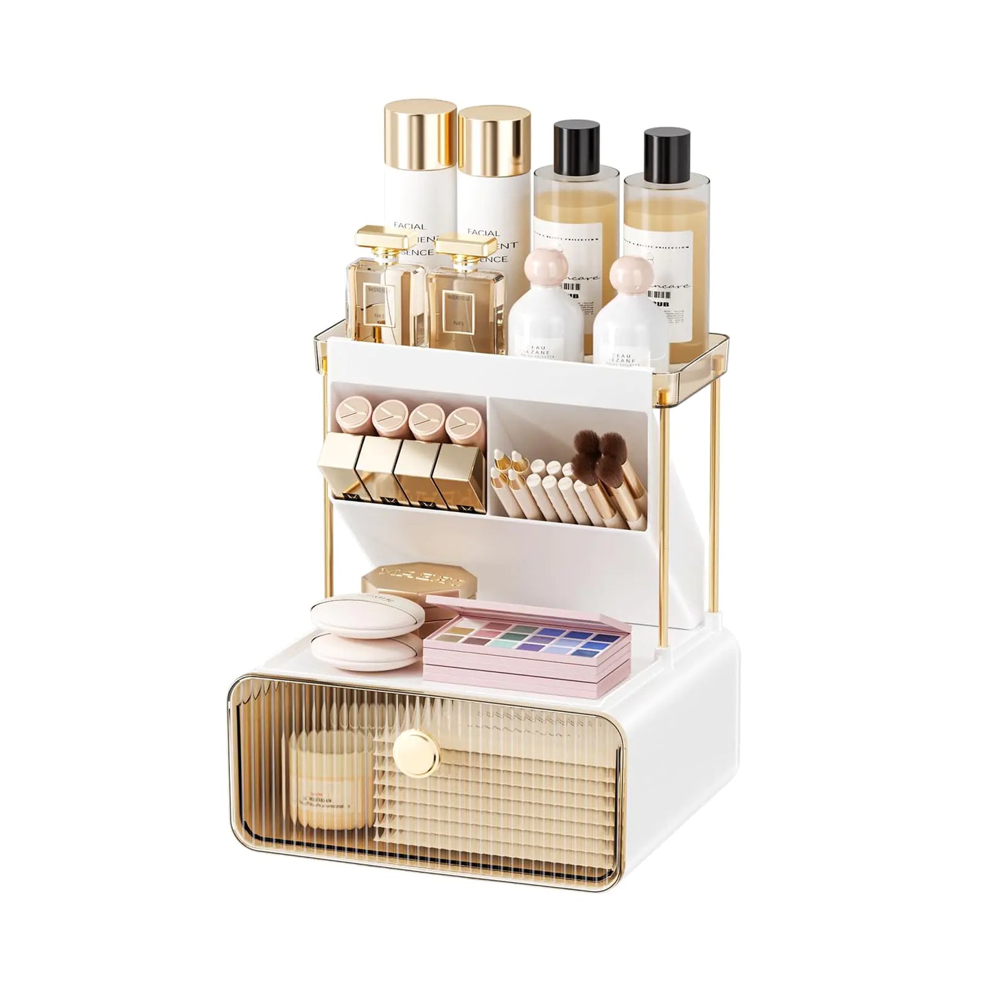 Dluxe Ave. Anlynwooh Makeup Organizer with Drawer Bathroom Organizers and Storage，Makeup Brush HolderLipstick and Perfume OrganizerCosmetic and Vanity OrganizerDesk Organizer (AMBER)