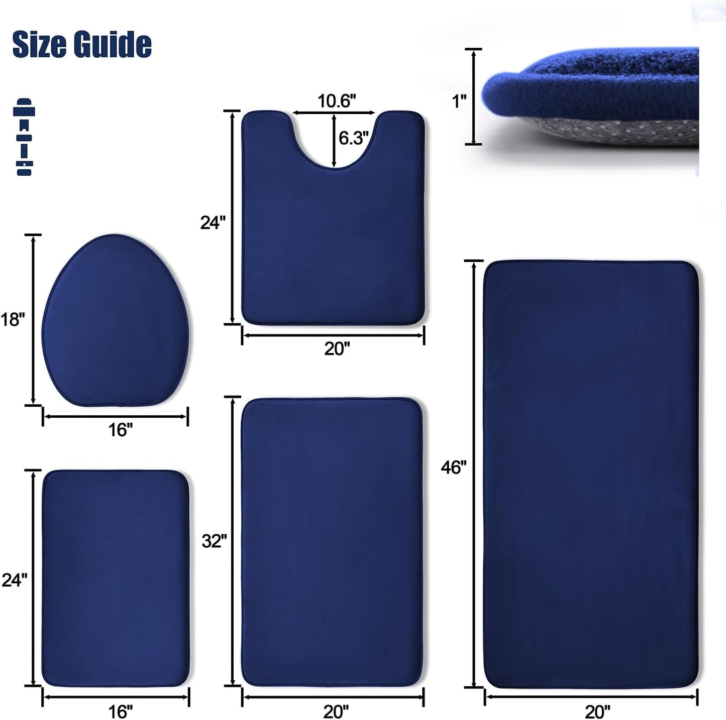 Dluxe Ave. YIHOUSE Bathroom Rug Set 5 Piece Memory Foam Bath Mat Set Super Absorbent Bath Mats Dark Blue Bathroom Rug Set