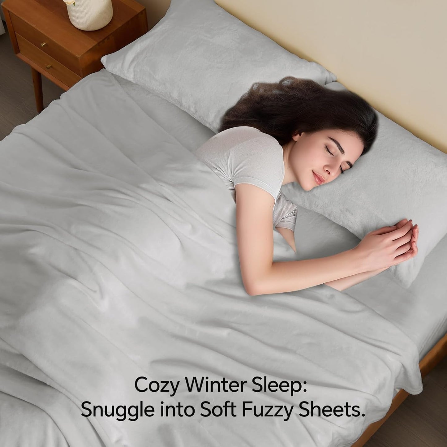 Dluxe Ave. ( QUEEN ) Faux Fur Sheet Set/ Luxury Ultra Soft Fleece Sheets/ 16" Deep Pocket/ Light Grey