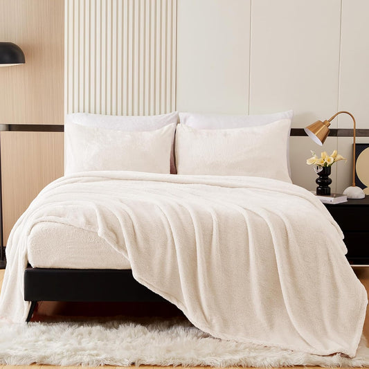 Dluxe Ave. ( KING ) 4 Pcs Fleece Sheet Set/ Luxury Ultra Soft/ Plush Velvet/ Ivory