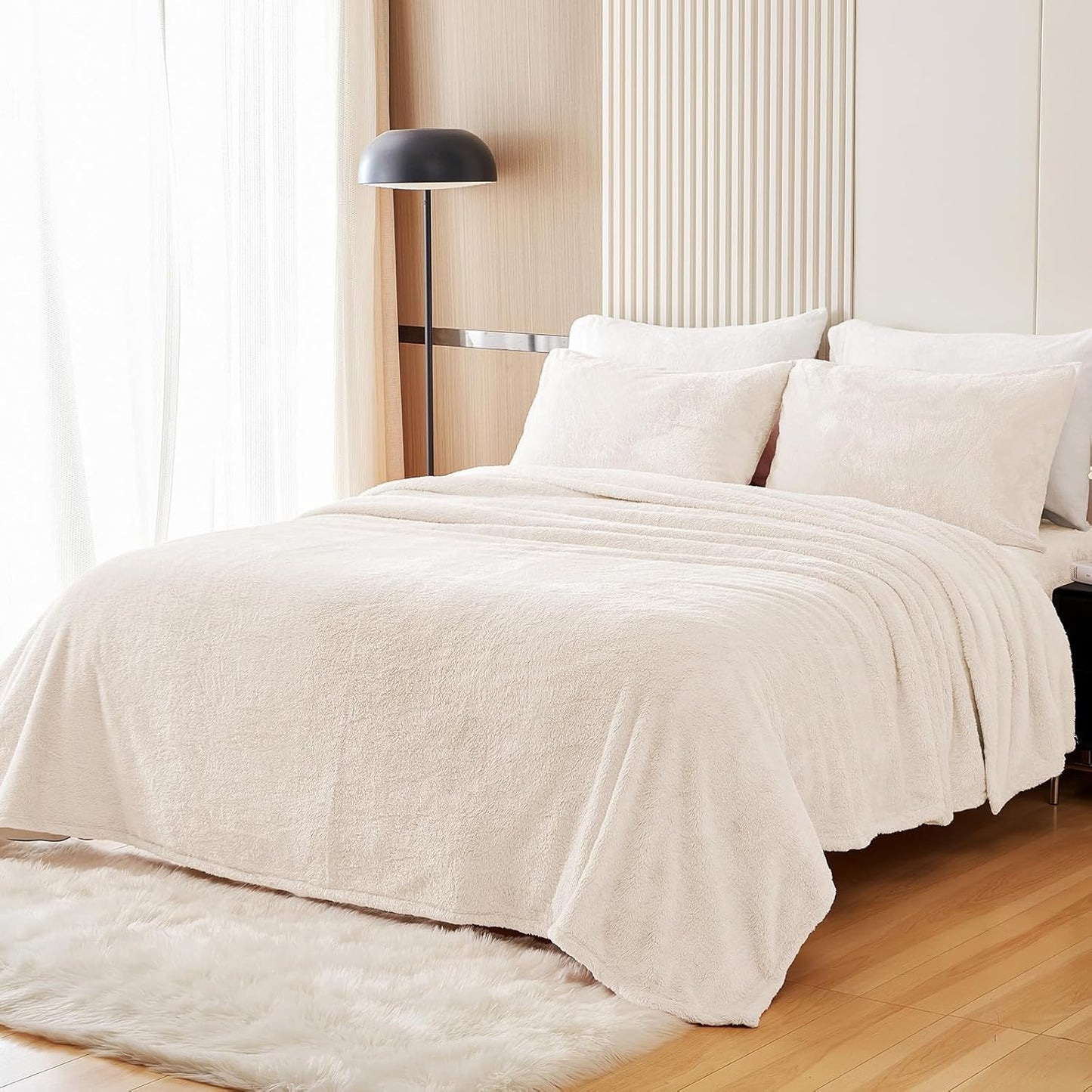 Dluxe Ave. ( KING ) 4 Pcs Fleece Sheet Set/ Luxury Ultra Soft/ Plush Velvet/ Ivory