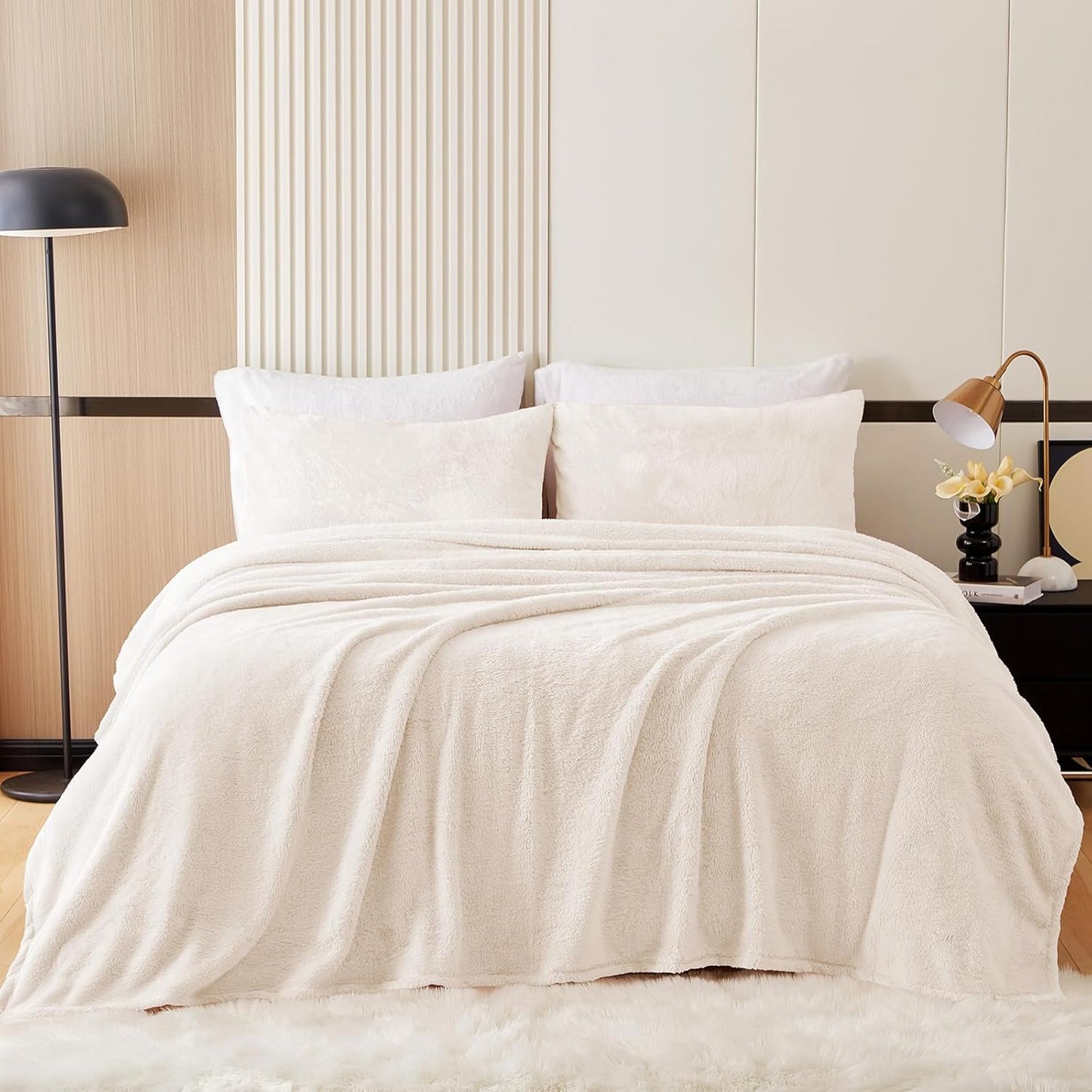 Dluxe Ave. ( KING ) 4 Pcs Fleece Sheet Set/ Luxury Ultra Soft/ Plush Velvet/ Ivory