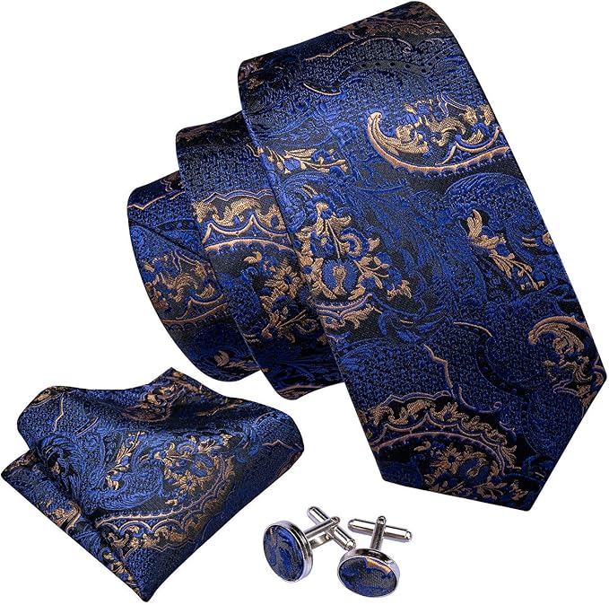 Dluxe Ave.  Men Tie Clip Set Paisley Blue Gold Silk Necktie Handkerchief Cufflinks