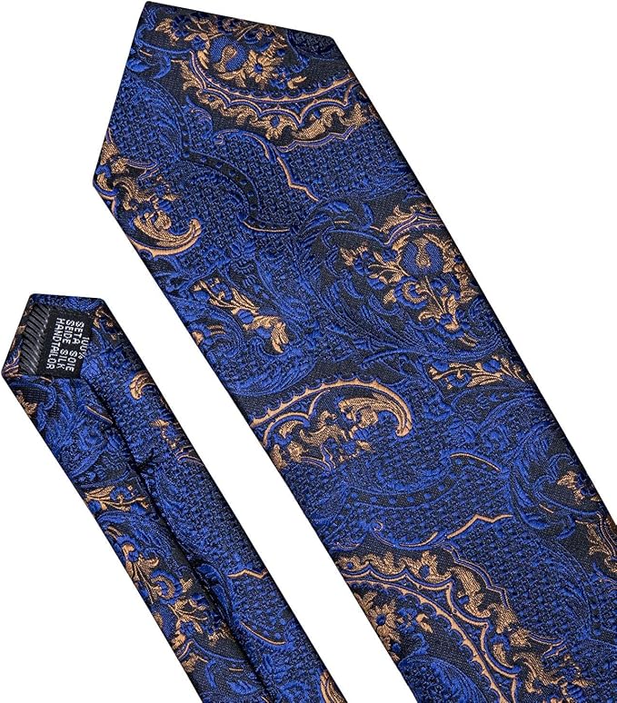 Dluxe Ave.  Men Tie Clip Set Paisley Blue Gold Silk Necktie Handkerchief Cufflinks