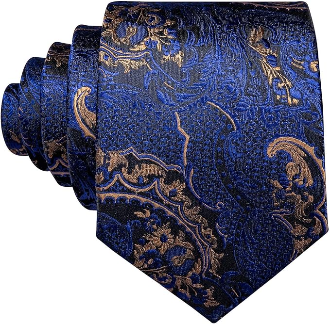 Dluxe Ave.  Men Tie Clip Set Paisley Blue Gold Silk Necktie Handkerchief Cufflinks