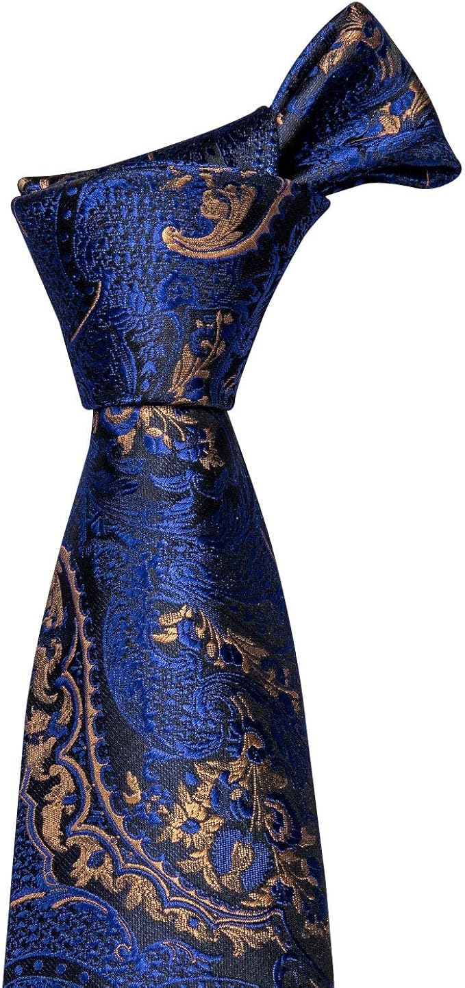 Dluxe Ave.  Men Tie Clip Set Paisley Blue Gold Silk Necktie Handkerchief Cufflinks