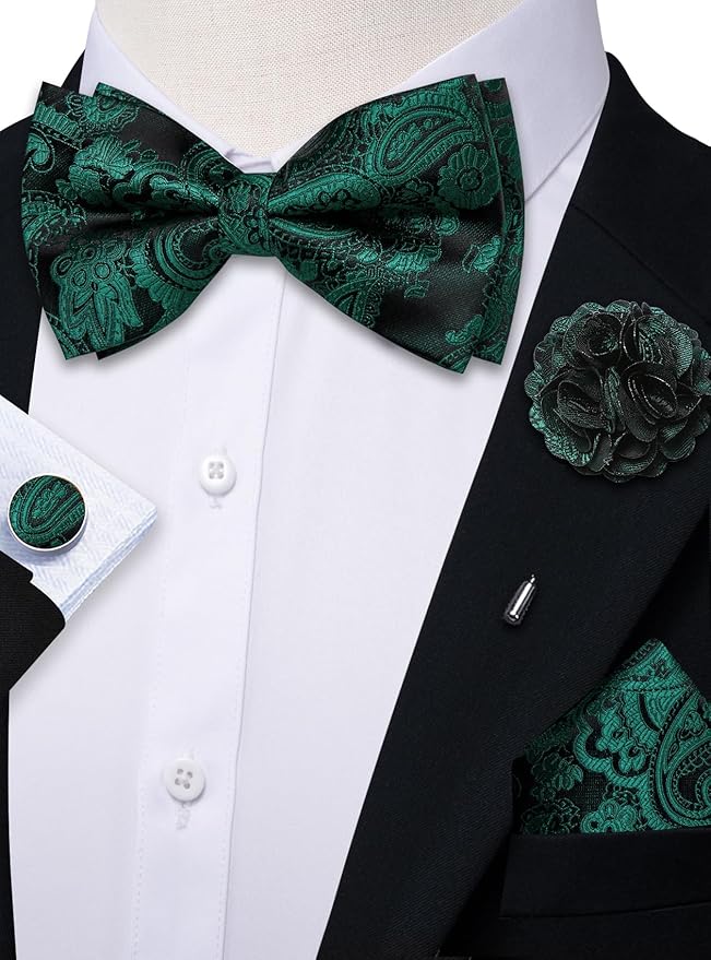 Dluxe Ave. Mens Bowties Adjustable with Handkerchief Cufflinks/ Black Green