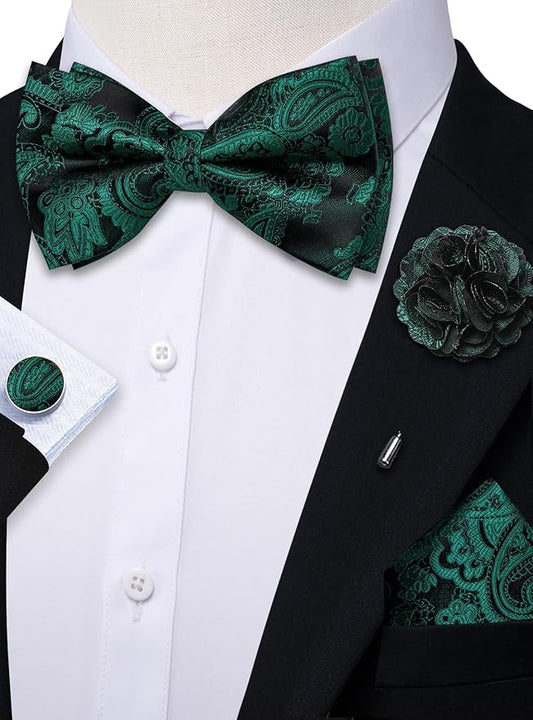 Dluxe Ave. Mens Bowties Adjustable with Handkerchief Cufflinks/ Black Green