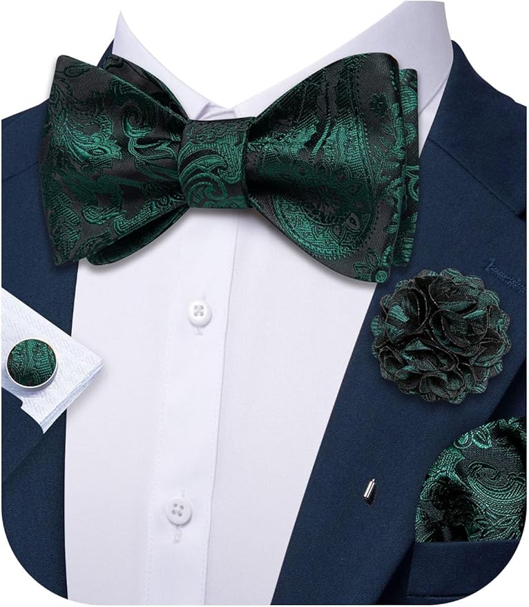 Dluxe Ave. Mens Bow Tie Set with Lapel Pin Brooch Dark Green Silk Self Tie Bowtie Handkerchief Cufflinks
