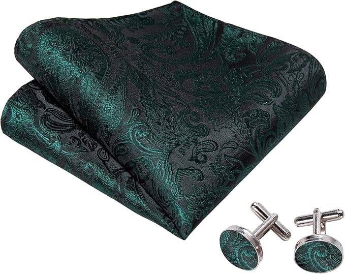 Dluxe Ave. Mens Bow Tie Set with Lapel Pin Brooch Dark Green Silk Self Tie Bowtie Handkerchief Cufflinks