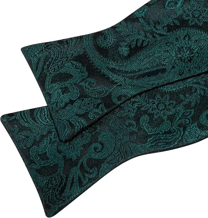 Dluxe Ave. Mens Bow Tie Set with Lapel Pin Brooch Dark Green Silk Self Tie Bowtie Handkerchief Cufflinks
