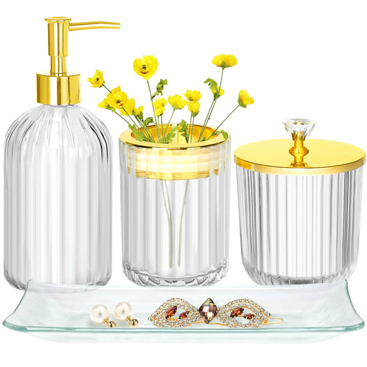 Dluxe Ave. Bathroom Accessories Set 4Pcs Clear and Gold Glass Bathroom Accessories Sets